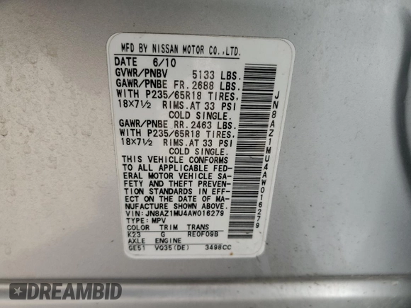 2010 Nissan Murano S z VIN JN8AZ1MU4AW016279, wystawiony jako Copart lot #56192665 z przebiegiem 85 092 mil mil oraz Czysty tytuł • Clean title. Historia ofert i sprzedaży dostępna na DreamBid. Obrazek 13.