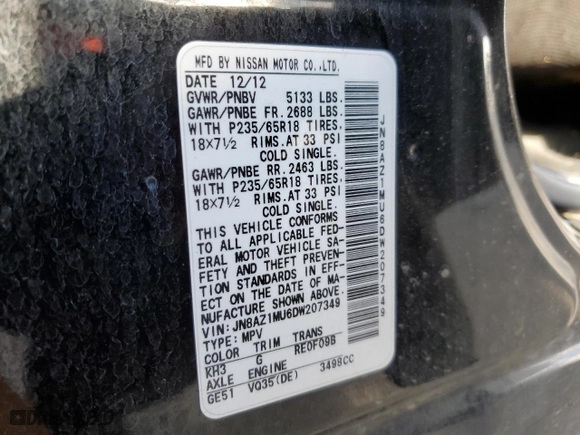 2013 Nissan Murano SV with VIN JN8AZ1MU6DW207349, listed as a Copart auction lot 41488815 with 100,283 mi miles and Salvage Title. Bid and sale history available at carsss.com. Image 13.