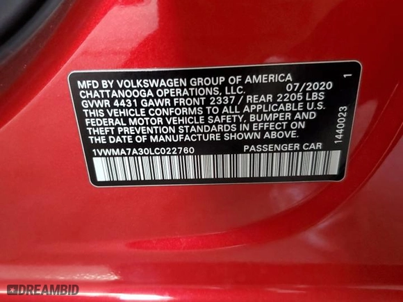 2020 Volkswagen Passat 2.0T R-Line with VIN 1VWMA7A30LC022760, listed as a Copart auction lot 47066215 with 292,158 mi miles and Salvage Title. Bid and sale history available at carsss.com. Image 12.
