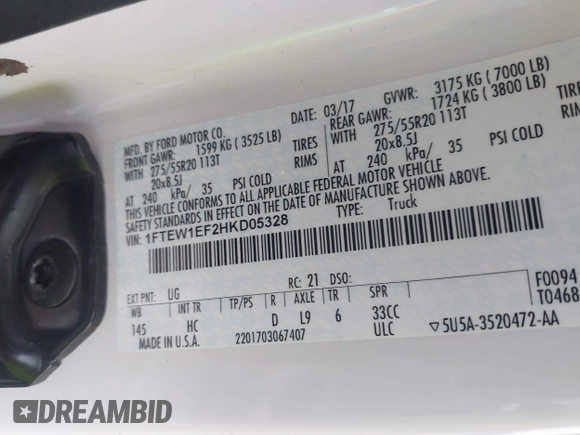 2017 Ford F-150 XL with VIN 1FTEW1EF2HKD05328, listed as a IAAI auction lot 41544424 with 159,107 mi miles. Bid and sale history available at carsss.com. Image 9.