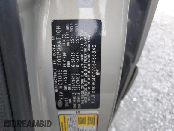 2012 Kia Sedona LX with VIN KNDMG4C77C6456849, listed as a Copart auction lot 69638314 with 206,434 mi miles and Salvage Title. Bid and sale history available at carsss.com. Image 15.