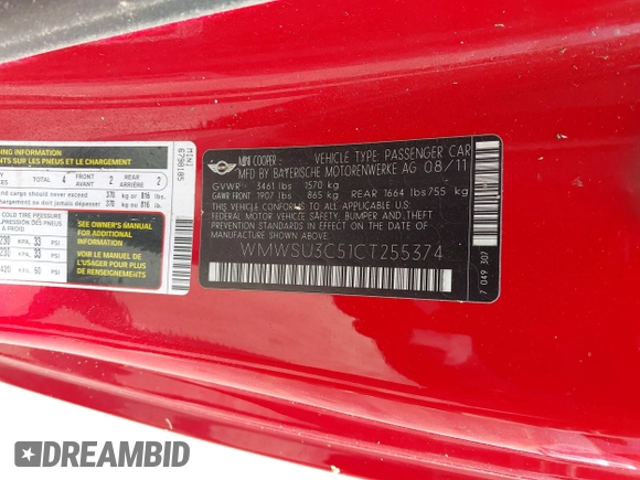 2012 MINI Hardtop with VIN WMWSU3C51CT255374, listed as a IAAI auction lot 42638610 with 165,103 mi miles and . Bid and sale history available at DreamBid. Image 9.