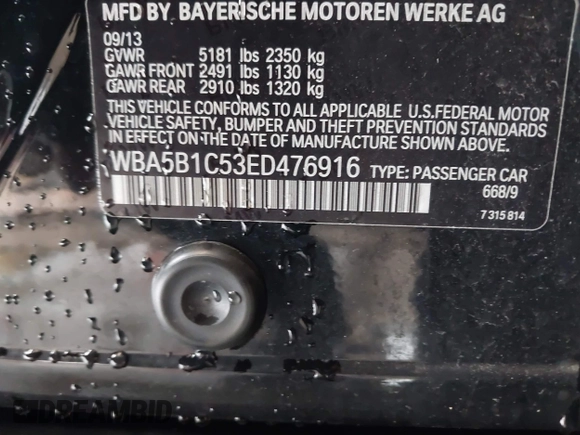 2014 BMW 5 Series 535i with VIN WBA5B1C53ED476916, listed as a IAAI auction lot 41380780 with 89,253 mi miles. Bid and sale history available at carsss.com. Image 9.