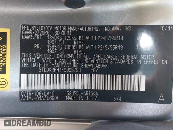 2015 Toyota Highlander Limited with VIN 5TDDKRFH1FS095798, listed as a IAAI auction lot 42656704 with 94,764 mi miles and . Bid and sale history available at DreamBid. Image 9.
