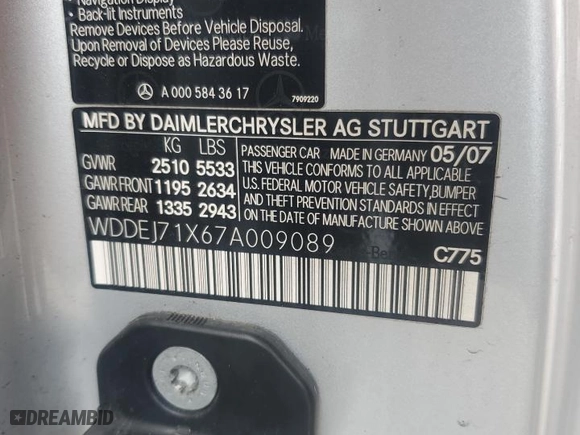 2007 Mercedes-Benz CL-Class 5.5L V8 with VIN WDDEJ71X67A009089, listed as a Copart auction lot 47800185 with 0 mi miles and Salvage Title. Bid and sale history available at carsss.com. Image 12.