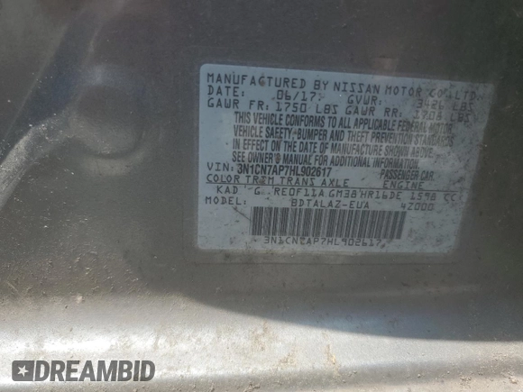 2017 Nissan Versa S Plus with VIN 3N1CN7AP7HL902617, listed as a Copart auction lot 58314845 with 112,871 mi miles and Clean title. Bid and sale history available at DreamBid. Image 12.