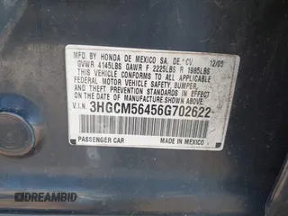 2006 Honda Accord LX with VIN 3HGCM56456G702622, listed as a IAAI auction lot 42393872 with Not provided miles and . Bid and sale history available at DreamBid. Image 9.