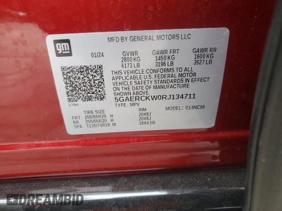 2024 Buick Enclave Premium with VIN 5GAERCKW0RJ134711, listed as a Copart auction lot 87754835 with 13,673 mi miles and Salvage Title. Bid and sale history available at carsss.com. Image 16.