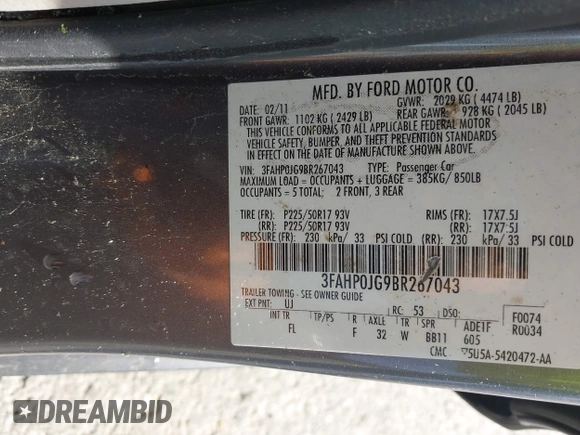 2011 Ford Fusion SEL with VIN 3FAHP0JG9BR267043, listed as a IAAI auction lot 41904289 with 168,580 mi miles. Bid and sale history available at carsss.com. Image 9.