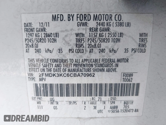 2012 Ford Edge Limited with VIN 2FMDK3KC6CBA70962, listed as a IAAI auction lot 41771208 with 157,553 mi miles. Bid and sale history available at carsss.com. Image 9.