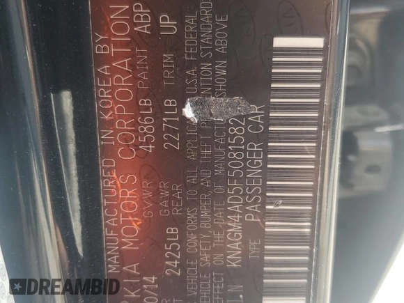 2015 Kia Optima with VIN KNAGM4AD5F5081582, listed as a Copart auction lot 52935995 with 139,180 mi miles and Clean title. Bid and sale history available at DreamBid. Image 12.