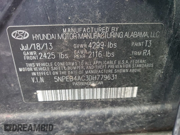 2013 Hyundai Sonata GLS with VIN 5NPEB4AC3DH779631, listed as a Copart auction lot 54946595 with 98,237 mi miles and Salvage Title. Bid and sale history available at carsss.com. Image 12.