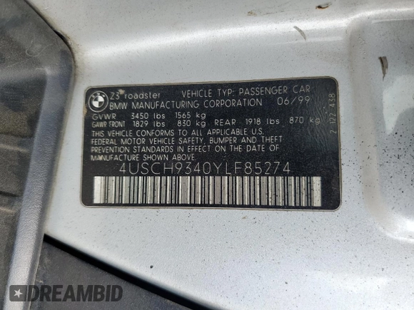 2000 BMW Z3 2.5 with VIN 4USCH9340YLF85274, listed as a Copart auction lot 56897255 with 137,807 mi miles and Salvage title. Bid and sale history available at DreamBid. Image 12.