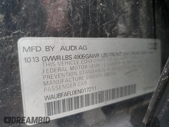 2014 Audi A4 Premium с VIN WAUBFAFL0EN017211, выставлен на аукционе Copart как лот 51693065 с пробегом 178 412 миль миль и На запчасти • Non repairable. История ставок и продаж доступна на DreamBid. Изображение 12.