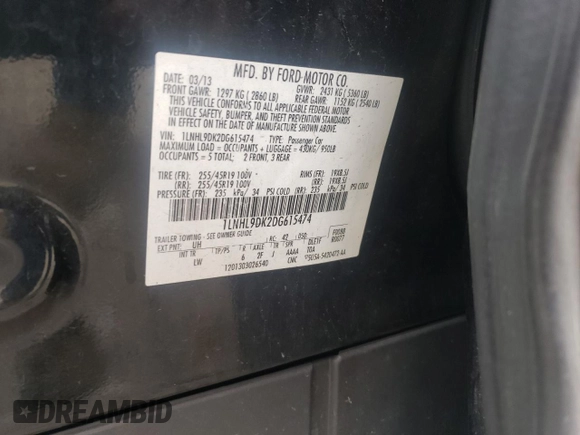 2013 Lincoln MKS with VIN 1LNHL9DK2DG615474, listed as a Copart auction lot 72992954 with 267,975 mi miles and Salvage Title. Bid and sale history available at carsss.com. Image 12.