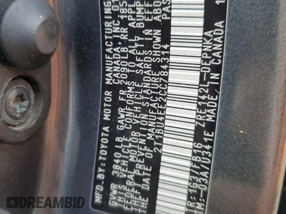2012 Toyota Corolla L z VIN 2T1BU4EE2CC784314, wystawiony jako Copart lot #57239015 z przebiegiem 168 527 mil mil oraz Szkoda całkowita • Salvage title. Historia ofert i sprzedaży dostępna na DreamBid. Obrazek 12.