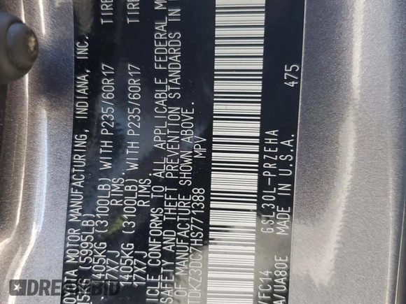2017 Toyota Sienna LE Auto Access Seat with VIN 5TDKZ3DC7HS771388, listed as a Copart auction lot 54511395 with 205,626 mi miles and Clean Title. Bid and sale history available at DreamBid. Image 12.