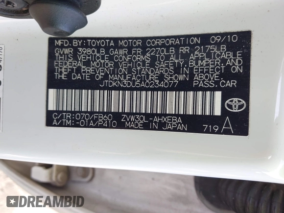 2010 Toyota Prius II with VIN JTDKN3DU5A0234077, listed as a IAAI auction lot 41888334 with 218,619 mi miles and . Bid and sale history available at carsss.com. Image 9.