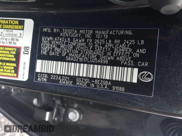 2020 Lexus ES 350 with VIN 58ADZ1B17LU054898, listed as a IAAI auction lot 42673828 with 17,996 mi miles and . Bid and sale history available at DreamBid. Image 9.