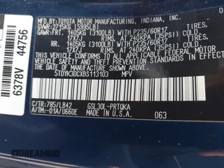 2011 Toyota Sienna XLE AAS with VIN 5TDYK3DCXBS113103, listed as a IAAI auction lot 41505972 with 170,919 mi miles and . Bid and sale history available at DreamBid. Image 9.