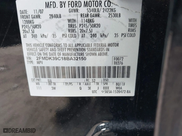 2008 Ford Edge Limited with VIN 2FMDK39C18BA32150, listed as a IAAI auction lot 41535578 with 274,641 mi miles. Bid and sale history available at carsss.com. Image 9.