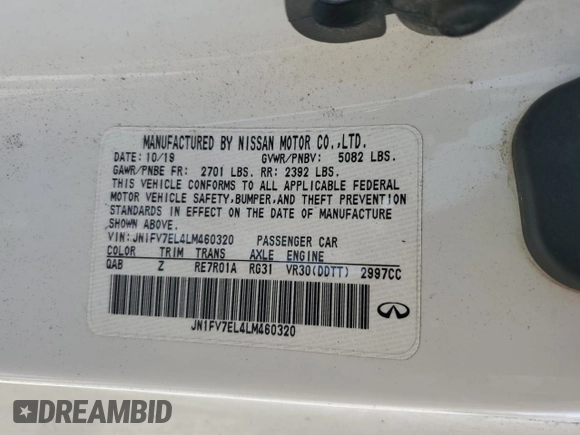 2020 Infiniti Q60 Red Sport 400 with VIN JN1FV7EL4LM460320, listed as a Copart auction lot 74035514 with 57,431 mi miles and Salvage title. Bid and sale history available at DreamBid. Image 13.