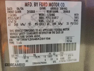 2006 Ford F-150 XLT with VIN 1FTRW12W46KD91194, listed as a Copart auction lot 46920225 with 373,732 mi miles and Salvage title. Bid and sale history available at DreamBid. Image 12.
