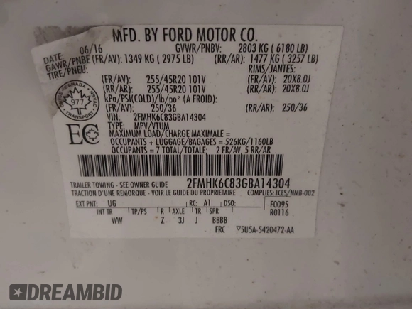 2016 Ford Flex SEL with VIN 2FMHK6C83GBA14304, listed as a IAAI auction lot 41851515 with 105,378 mi miles. Bid and sale history available at carsss.com. Image 9.