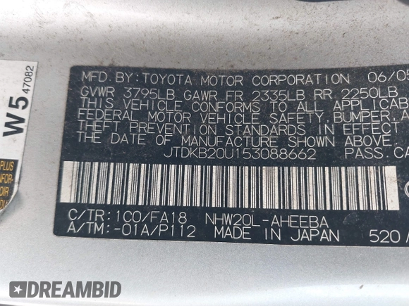 2005 Toyota Prius with VIN JTDKB20U153088662, listed as a IAAI auction lot 42177201 with 254,561 mi miles. Bid and sale history available at carsss.com. Image 9.