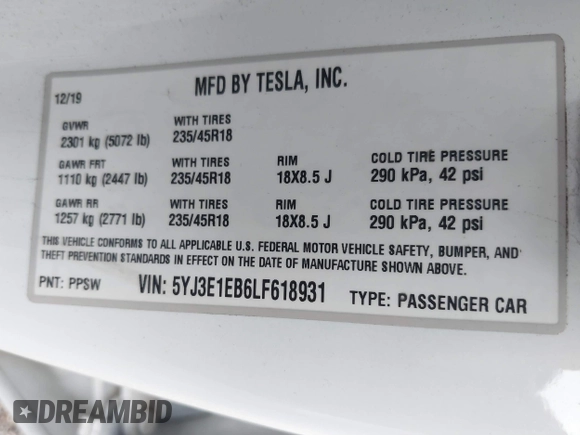 2020 Tesla Model 3 Long Range with VIN 5YJ3E1EB6LF618931, listed as a IAAI auction lot 41867451 with 47,502 mi miles and . Bid and sale history available at DreamBid. Image 9.