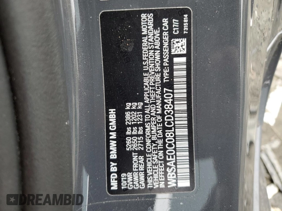 2020 BMW M8 z VIN WBSAE0C08LCD38407, wystawiony jako Copart lot #36917983 z przebiegiem 24 462 mil mil oraz . Historia ofert i sprzedaży dostępna na DreamBid. Obrazek 12.