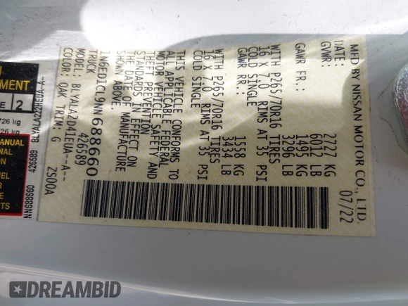 2022 Nissan Frontier S с VIN 1N6ED1CL9NN688660, выставлен на аукционе IAAI как лот 42171883 с пробегом Не указан миль и . История ставок и продаж доступна на DreamBid. Изображение 9.