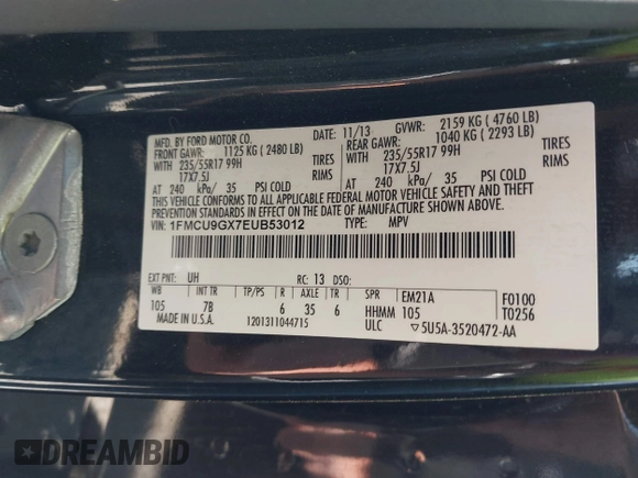2014 Ford Escape SE with VIN 1FMCU9GX7EUB53012, listed as a IAAI auction lot 42639014 with Not provided miles and . Bid and sale history available at DreamBid. Image 9.