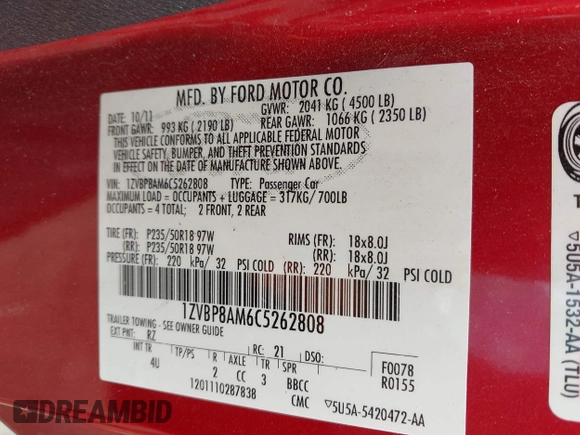 2012 Ford Mustang V6 Premium with VIN 1ZVBP8AM6C5262808, listed as a IAAI auction lot 41907866 with 121,630 mi miles. Bid and sale history available at carsss.com. Image 9.