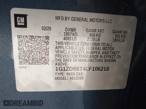 2020 Chevrolet Malibu LT with VIN 1G1ZD5ST4LF106218, listed as a IAAI auction lot 41917505 with 75,598 mi miles and . Bid and sale history available at DreamBid. Image 9.