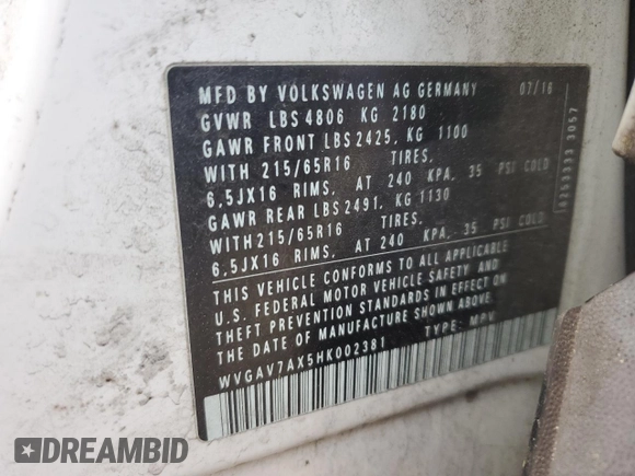 2017 Volkswagen Tiguan S with VIN WVGAV7AX5HK002381, listed as a Copart auction lot 52877045 with 86,610 mi miles and Clean Title. Bid and sale history available at DreamBid. Image 12.