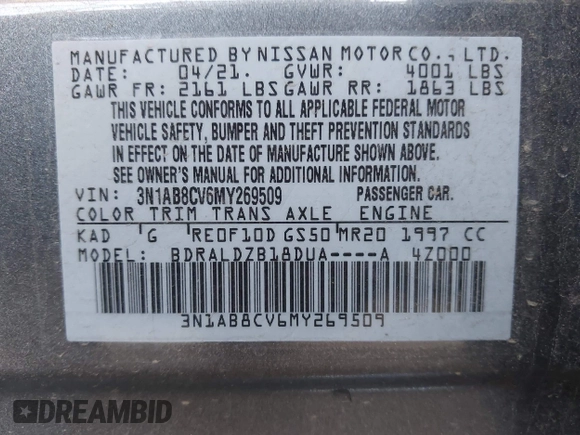 2021 Nissan Sentra SV z VIN 3N1AB8CV6MY269509, wystawiony jako IAAI lot #42360047 z przebiegiem 67 087 mil mil oraz . Historia ofert i sprzedaży dostępna na DreamBid. Obrazek 9.