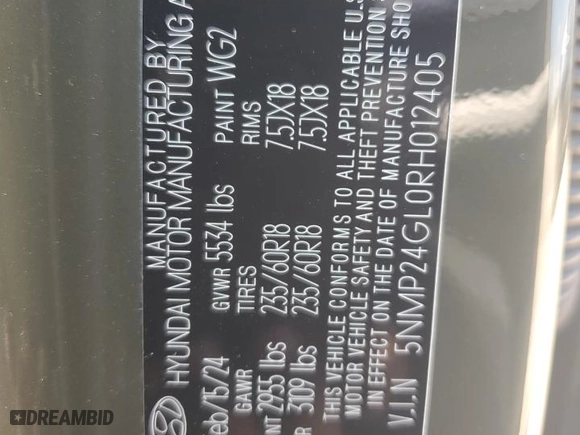 2024 Hyundai Santa Fe SEL with VIN 5NMP24GL0RH012405, listed as a Copart auction lot 66685704 with 3,106 mi miles and Salvage Title. Bid and sale history available at carsss.com. Image 13.