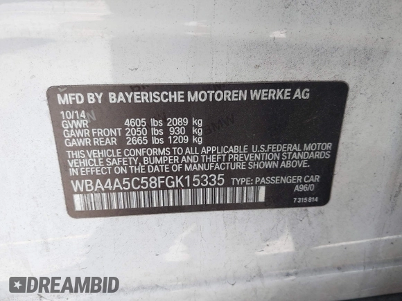 2015 BMW 4 Series 428i with VIN WBA4A5C58FGK15335, listed as a IAAI auction lot 41723243 with 152,652 mi miles and . Bid and sale history available at DreamBid. Image 9.