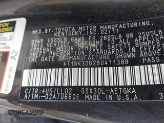 2011 Toyota Avalon with VIN 4T1BK3DB2BU411388, listed as a IAAI auction lot 41677104 with 266,080 mi miles and . Bid and sale history available at DreamBid. Image 9.