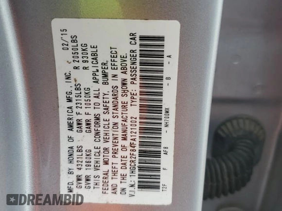 2015 Honda Accord EX-L with VIN 1HGCR2F84FA121002, listed as a Copart auction lot 62891965 with 120,037 mi miles and Salvage title. Bid and sale history available at DreamBid. Image 12.