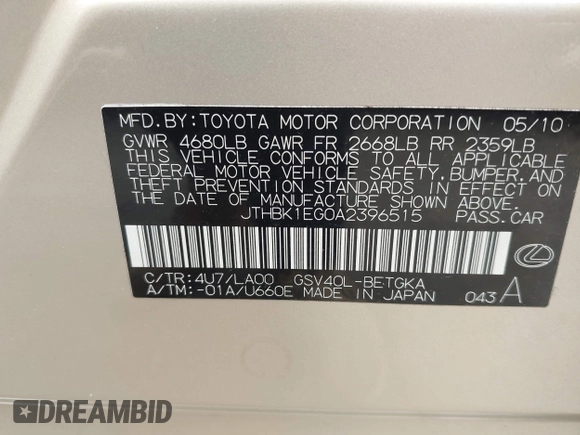 2010 Lexus ES 330 with VIN JTHBK1EG0A2396515, listed as a IAAI auction lot 42208946 with 181,471 mi miles and . Bid and sale history available at DreamBid. Image 9.