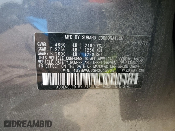 2022 Subaru Legacy Premium with VIN 4S3BWAC63N3015238, listed as a Copart auction lot 58767565 with 65,442 mi miles and Salvage title. Bid and sale history available at DreamBid. Image 12.