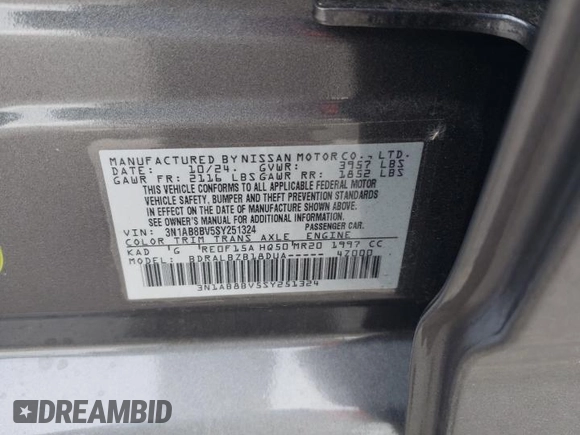2025 Nissan Sentra S with VIN 3N1AB8BV5SY251324, listed as a Copart auction lot 51345315 with 4,642 mi miles and Salvage Title. Bid and sale history available at DreamBid. Image 14.