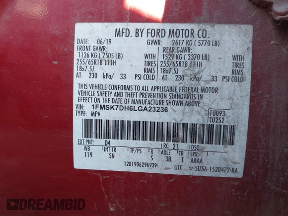 2020 Ford Explorer XLT with VIN 1FMSK7DH6LGA23236, listed as a IAAI auction lot 41733624 with 116,556 mi miles. Bid and sale history available at carsss.com. Image 9.