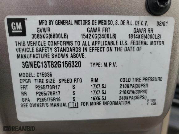 2002 Chevrolet Avalanche with VIN 3GNEC13T82G156320, listed as a Copart auction lot 44598885 with 225,864 mi miles and Salvage Title. Bid and sale history available at carsss.com. Image 13.