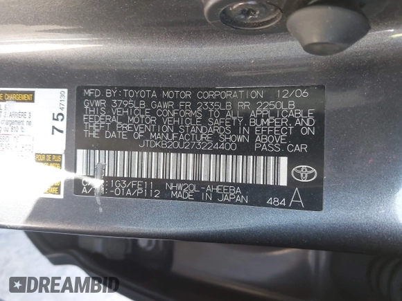 2007 Toyota Prius with VIN JTDKB20U273224400, listed as a IAAI auction lot 41855291 with 185,086 mi miles. Bid and sale history available at carsss.com. Image 9.
