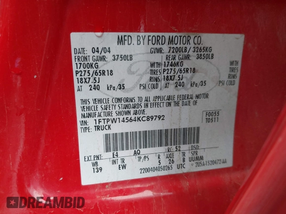 2004 Ford F-150 XLT with VIN 1FTPW14564KC89792, listed as a IAAI auction lot 41658885 with 219,012 mi miles. Bid and sale history available at carsss.com. Image 9.