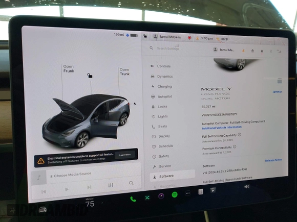 2021 Tesla Model Y Long Range with VIN 5YJYGDEE2MF087871, listed as a IAAI auction lot 41370004 with 85,757 mi miles. Bid and sale history available at carsss.com. Image 7.