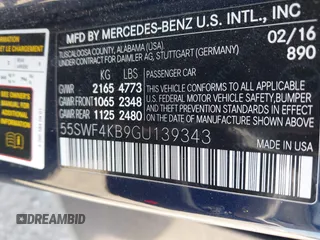 2016 Mercedes-Benz C 300 Luxury with VIN 55SWF4KB9GU139343, listed as a IAAI auction lot 41967999 with 124,299 mi miles and . Bid and sale history available at carsss.com. Image 9.